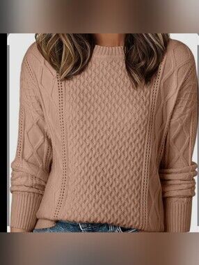 Taupe Cable-Stitch Crewneck Sweater